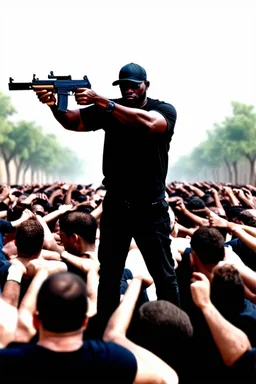 schwarzer drogen dealer mit ak47 zielt auf eine große gruppe unschuldiger menschen mit weißer haut bereit sie alle zu töten