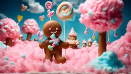 dreamscape. cotton candy world. gingerbread man eating a lollipop