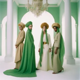 A fashion photography of a group wearing traditional Middle Eastern , in a white studio with a green scarf around the head and a long skirt, posing for Vogue magazine in the style of James Bidgood photographed in the style of Tim Walker. --ar 101:128 --v 6. 0