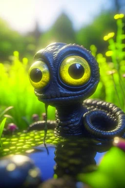 evil snake head with monocle, adorable cute chat priest robot with short punk hair and real human reflective eyes, fluffy floating in pond in garden of st. Barbara cathedral, its such a perfect day, motion blur, smoke, 8k, downlight, soft light, depth of field, photorealism, trending on art station, lotsa detail