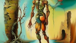 A surreal and abstract illustration of a human figure made out of flesh, merging with a brick wall and a slab of wood, representing the connection between man and nature. Oil painting style by Salvador Dali, with bold colors and intricate details.