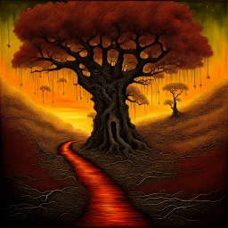 The crooked path. Baobab trees. colors kale, gold, rust, burgundy, black. The mystical path we share. Modifiers: dramatic Van Gogh Arthur Rackham Gothic Paul Klee pen and ink dreamy Edward Gorey disturbing metallic colors forboding Esao Andrews biomorphic fireflies hallucinatory DZO:Olivier