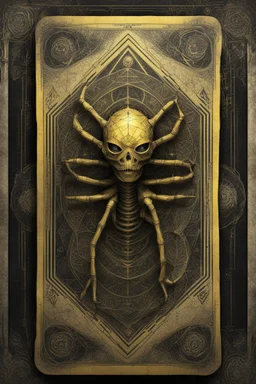 sacred geometry framed playing card on parchment, black and yellow spider queen fractal mummy relief with shadows boss card in the style of Giger and fallout 4 ,,bokeh like f/0.8, tilt-shift lens 8k, high detail, smooth render, down-light, unreal engine