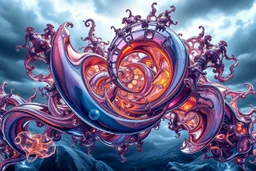 Dynamic complex hypnotic fractal 3D structures horizontal Symmetry twisting and morphing between organic and geometric forms , smooth translucent iridescent glass with inner glow and bubbles, varied transparent materials, stormy skies, intense dramatic