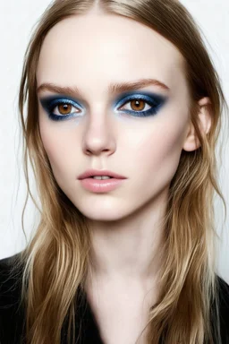 Actrice elle fanning, grunge, gros plan sur son visage, grands yeux marron, têtepenchée, , onmbre a paupières bleu nuit flashy, fond blanc