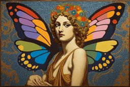 colorful psychedelic painting of ancient god psyche depicted in ancient mosaic art as a butterfly-winged woman by andy warhol