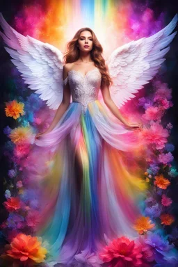 Gorgeous Photography Beautiful Woman as Angel with clothing abstracts flowers luxury gown dressing painting art neons rainbow colors glowing in the dark and colorful details, light leaks boleh colors,flowers background