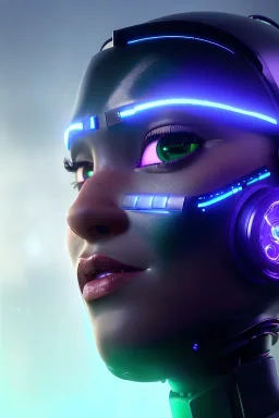 a beautiful full frame portrait digital painting of a futuristic cyberpunk robot listening to music, wide angle view, close-up, macro lens, centered camera, titanium accents, intricate details, small minutiae, tiny features, purple hair, green eyes. particulars, colorful, 8k, least ambient occlusion, volumetric lighting, volumetric clouds