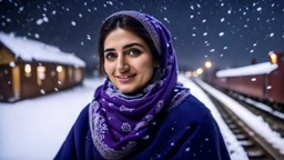 Hyper Realistic Photographic Low-Angle View Of A Beautiful Young Pashto Woman With Beautiful Eyes Lips & Nose (Wearing Beautiful Navy-Blue Frock With Purple Embroidery & White-Wool Scarf With Her Long Black Whirling) Happily Sitting & Smiling At The Village Railway Platform At Heavy Snowfall Night Showing Dramatic & Cinematic Ambiance.