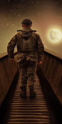 A eastern Soldier walking on the bridge , night , full moon , realistic , high resolution , HD , 1920pX1080p , dark