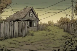 fence, house , overgrown apocalyptic background, comic book,