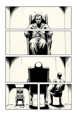a page divided into 6 rectangular panels, each with different views of a man strapped to a chair and being interrogated, lower and higher perspectives, front and back, suspenseful torture graphic novel, comic book