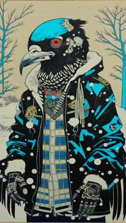 A contemporary serigraphy portrait by Kunisada of a crow adorned in a punk leather jacket within a snowy Christmas atmosphere.