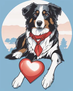 Vibrant, fun t-shirt design of a stylish Australian Shepherd dog with cool sunglasses and relaxed demeanor. The coat is a gradient mix of blue, red and white. The background is a fun red heart-shaped silhouette. The overall design is visually striking and would turn heads on a (((black t-shirt)))