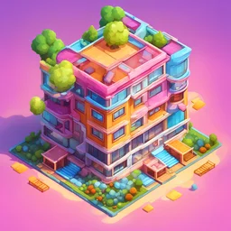 Sucker fingers into cartoonist building style model isometric top view for mobile game bright colors, color render hyper, lovely, surreal