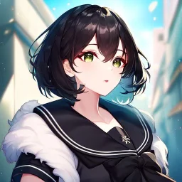 Clear focus, High resolution, fluffy black short hair, dark green eyes, wearing a black sailor uniform and pleated black skirt, fluffy hair, detailed outfit, wearing red makeup