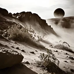 A striking quality Kodak photograph captures a wasteland with monsters and group of plants, creepy, details of the dust very accentuated, glossy organic mass, adorned with minerals and rocks. Bathed in intense light, eerie, Max Ernst style, black sun, fog