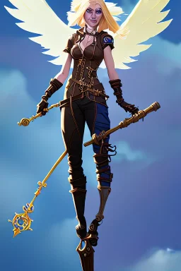 blue sky clouds, happy blonde steampunk angel holding staff