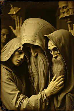 Daguerrotype close up some mysterious figures, odd background, Hieronymus Bosch, ambient light, by Minicavio Quollati and Marlost Endgulp, Amano, Botticelli, Alphonse Mucha