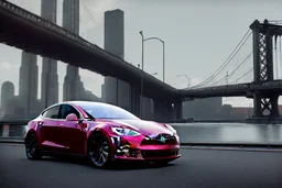 A Tesla 'Model S' is parked, on the 'FDR Drive', eastern Manhattan. (CINEMATIC, WIDE ANGLE LENS, PHOTO REAL)