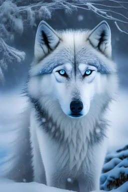 A captivating, monochromatic photograph of an ethereal white wolf in a snowy landscape, with a tight focus on its piercing blue eyes and striking fur details, evoking a sense of mystery and otherworldliness.