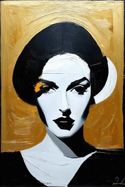Oil painting rought Minimalist abstract portrait of a woman, op and math style, in black and gold tones, art deco