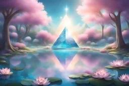 in a magical landscape with and bright and intens pastel tones, trees around a square and one crystal pyramid reflects the sun. Flowering shrubs and crystal cluster are in the foreground. A turquoise lake in the center with lotus flowers. There are iridescent particles of light in the sky, fine rays of light in blue and white colors.in the distance small forest, lots of fine details, gentle, sweet ,and spiritual atmosphere, cinematic, color grading, editorial photography, Realistic picture. HD