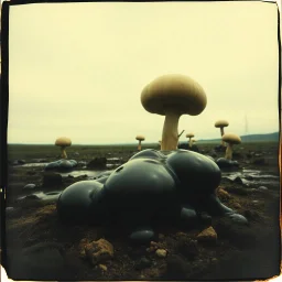 Photography polaroid close-up of a random landscape with massive odd Yves Tanguy incomprehensible style Surrealism, glossy, organic, creepy tumor mass growing, strong texture, fiotti di liquido nero, horror, panic, obsessive, hypnotic