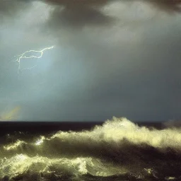 George Inness, painting, ocean, waves, lightning bolts, photo realistic, 8k, storm