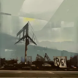 Minimal contemporary abstract oil-painting of desolate 1960s carpark with road markings and concrete fragments. Overlay with grungy typography graphics. style of Justin Mortimer and Francis Bacon.