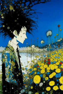 Harry Clarke, Harry Ekman, Surreal, mysterious, strange, fantastical, fantasy, sci-fi, Japanese anime, station staff asks me fundamental question about where I came from and where I'm going, geometry of spring, where rays of light point diagonally, life flows vertically, blue sky holding dandelion fluff, I changed the arrangement of dandelions again, I put ice on lake this morning so the ripples could rest for while, The universe is gradually taking on a rosy colour, beautiful miniskirt girl