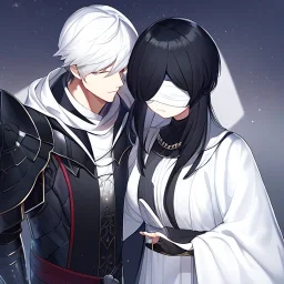 Girl with white hair wearing white robes and a blindfold. Boy with black hair wearing leather armor