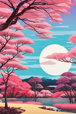 a land scape of Japanese garden, big moon, red sky , surrounded by cherry blossom trees, cel shading