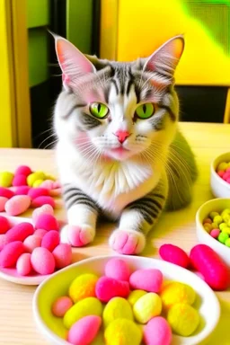 scene: Adorable,a cat eating food with a lot of food around her facts about them ◦ loves food ◦ lovely ◦ pink paws