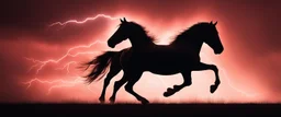 full silhouette of a horse rearing up(on left side, outlined by lighting), red sky, lightning bolts(wide from top right to bottom left), speed force