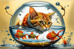 goldfish bowl with a cat hanging upside down over the edge with its head submerged in the fishbowl. The cat tries to catch a goldfish with one paw, causing a lot of splashing water and small drops of water. unpatterned, plain background. Greg Rutkowsky style, intricate details, graffiti art, splash art, street art, spray paint, oil gouache melting, acrylic, esoteric elegance, key light reflected in shimmering eyes, fantasy realism, 3D, UHD, HDR, bright, vivid colors, meticulo