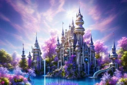 luminous white crystal castle,fountain, sun,swanns,waterfall, BLUE LAKE, SWANNs,blue bugainvillier flowers, jacaranda violet trees, sky pink blue, full of details, smooth, bright sunshine，soft light atmosphere, light effect，vaporwave colorful, concept art, smooth, extremely sharp detail, finely tuned detail, ultra high definition, 8 k, unreal engine 5, ultra sharp focus