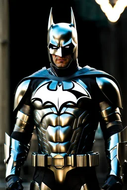 Batman in futuristic chrome armor, photograph