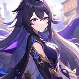 Clear focus,High resolution,High quality, Genshin, Smiling, Eyes closed, Black long hair flowing with the wind, Purple eyes, Slight Reveal Clothes