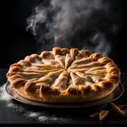 dramatic side shot of steaming apple pie just out of the oven, black background, Kinetic, professionally shot on dslr 64 megapixels sharp focus for advertising campaign, Professional photography, bokeh, dramatic spotlight