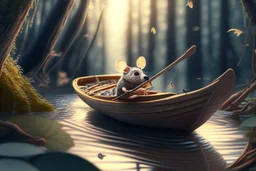 strong mouse rowing in boat, in forest by stream, book illustration, fine detail, 4k, trending, volumetric light, depth of field