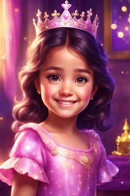 Digital painting of a beautiful little girl in a gorgeous pink dress, front view, Agnes face, smile, shiny crown, dark hair, glowing eyes, cute face, adorable cute girl, cozy room in purple and yellow in the background, sparkles, Disney art, digital painting style, high quality, 4k