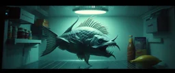 fish demon in the fridge in the style of giger and escher