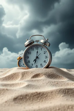 Sands clock with no sands full of small tiny analog and digital alarm clocks inside a cloudy stormy background with universe back ground look like time within time for eternity , great picture with high resolution and 4k quality