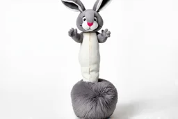 Scruffy fluffy grey puppet plush dust Bunny, holding with both hands onto a post while being blown vertically by the wind, extending vertically, comedic, on white background