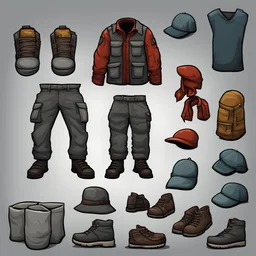 Sprite sheet, clothing, pants, shirt, hat, cap, shoes , icons, survival game, gray background, comic book,