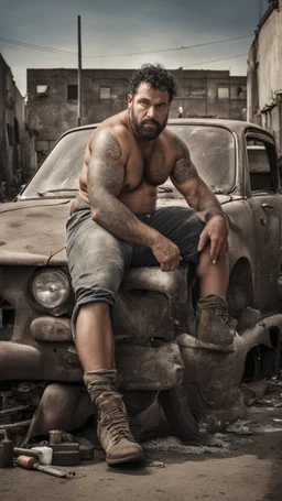 photography of a dirty burly chubby gipsy manly man serious repairing a car, , 36 years old, beefy, ugly , dirty curly hair, sweat, tattoo, with completely broken cotton pants, bulge, beard , angry eyes, bare-chested, huge belly, in industrial area, photorealistic, side light, view angle from low , ambient occlusion