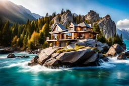 pretty dream houses in rocky mountain in wavy sea side,beautiful lady sitting on the rock her feet in water