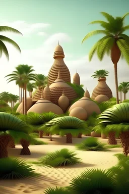 A banana farm and an island-shaped amusement park for children made of Organic simplicity, Saudi Arabia-inspired, Nature-inspired pieces, Palm, Captivating landscapes