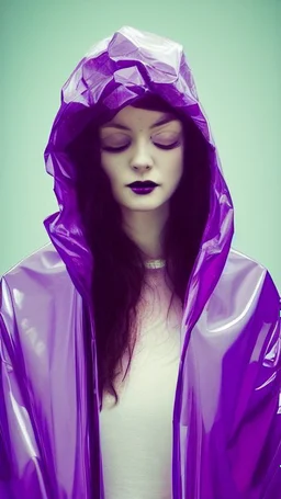 painting by koson ohara and marta bevacqua, portrait of a beautiful goth woman with long black hair, wearing a plastic raincoat, purple neon lighting, 8k, high quality, highly detailed